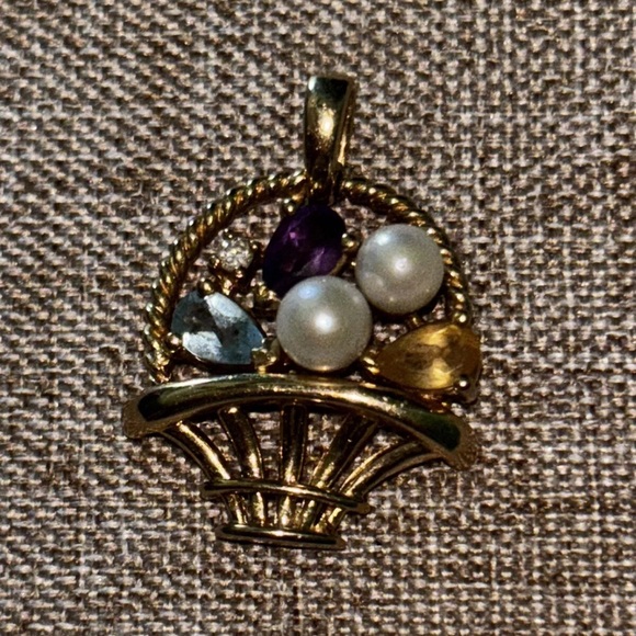 14k Solid Gold Diamond, Pearl, Amethyst, Citrine Charm Pendant - Picture 3 of 4